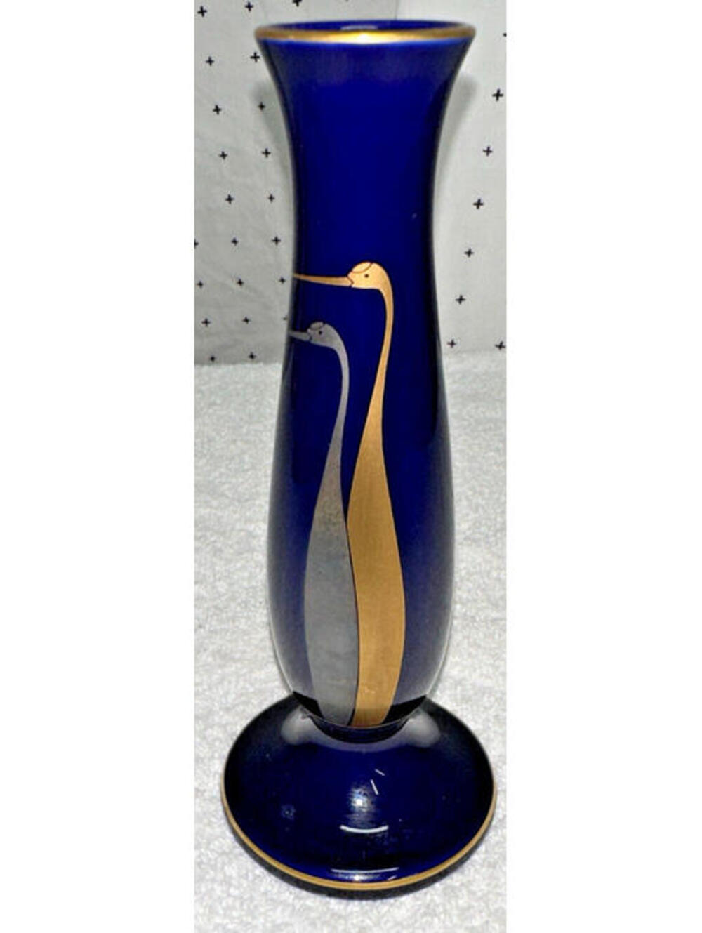 MCM Vintage Fukagawa Porcelain Arita Japan Crane Vase Cobalt Gold Platinum